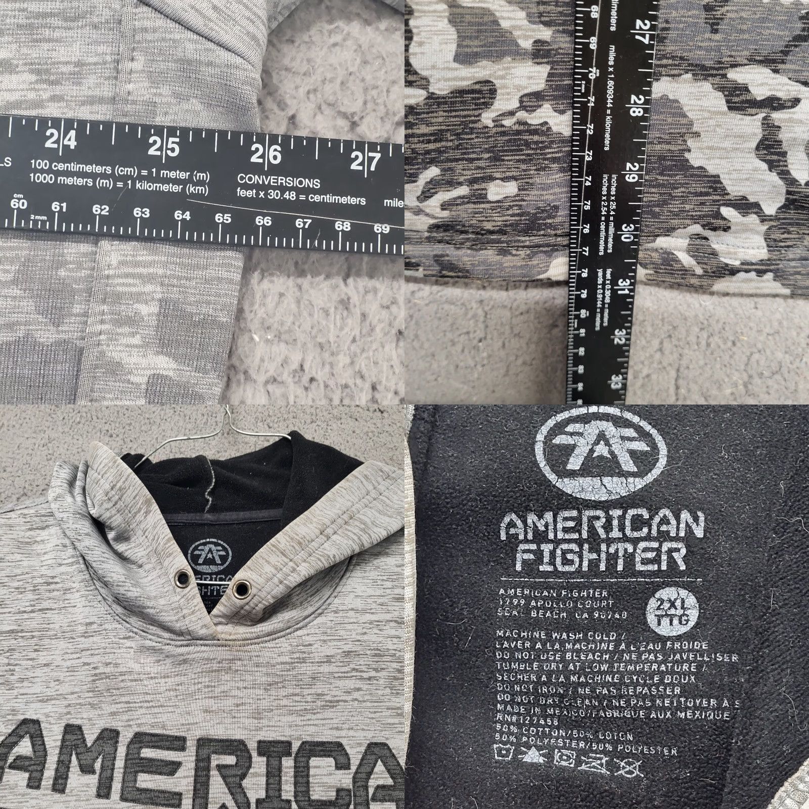 Vintage American Fighter Hoodie Men's 2XL Gray Long Sleeve Pullover Sweatshirt Size US XXL / EU 58 / 5 - 8 Thumbnail