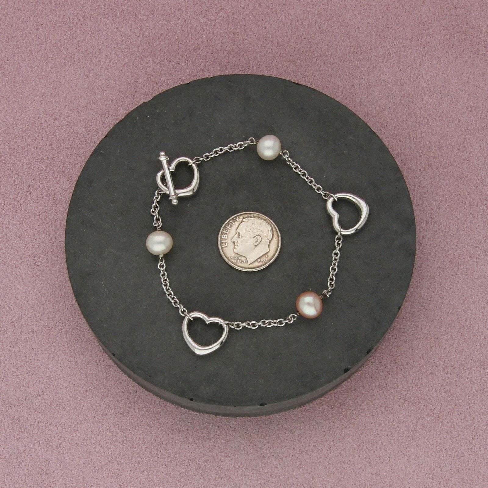 Sterling Silver sterling silver pearl & heart station toggle bracelet 7.5in Size ONE SIZE - 2 Thumbnail