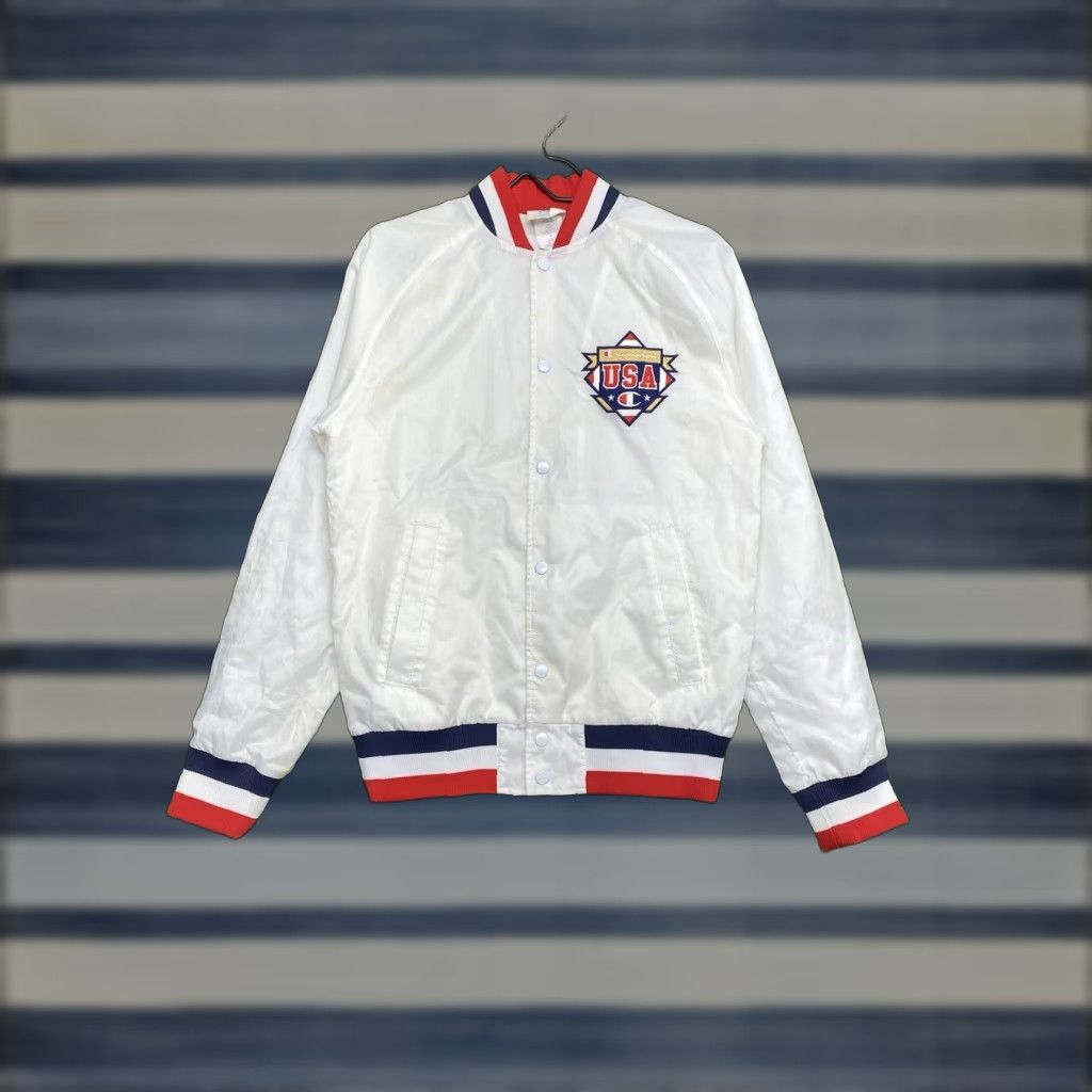 VINTAGE Champion USA Olympic Jacket Windbreaker Shirt 80s 90s Wrestling Mens White S Logo AAU FILA Judge Arbiter Sports USA