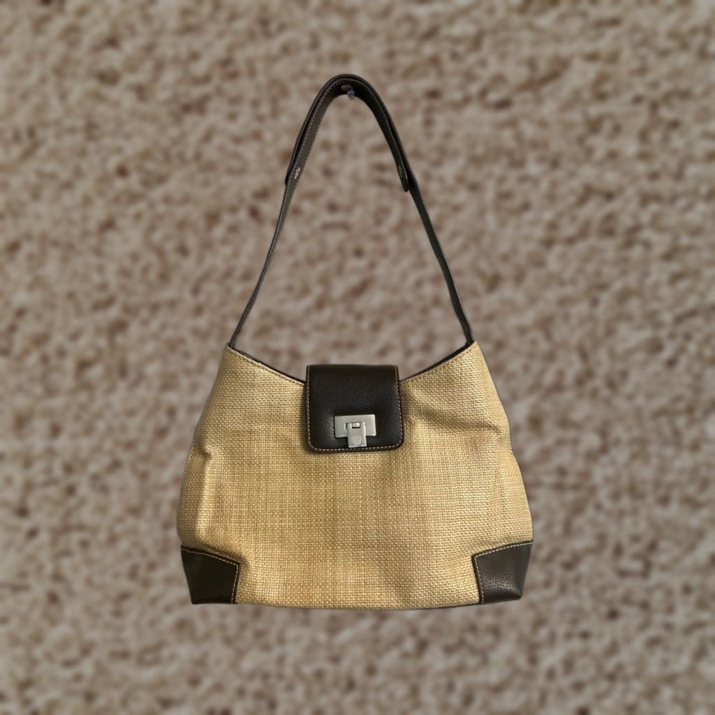 Vintage Liz Claiborne Beige & Brown Straw & Leather Shoulder Bag 12" in White, Women's