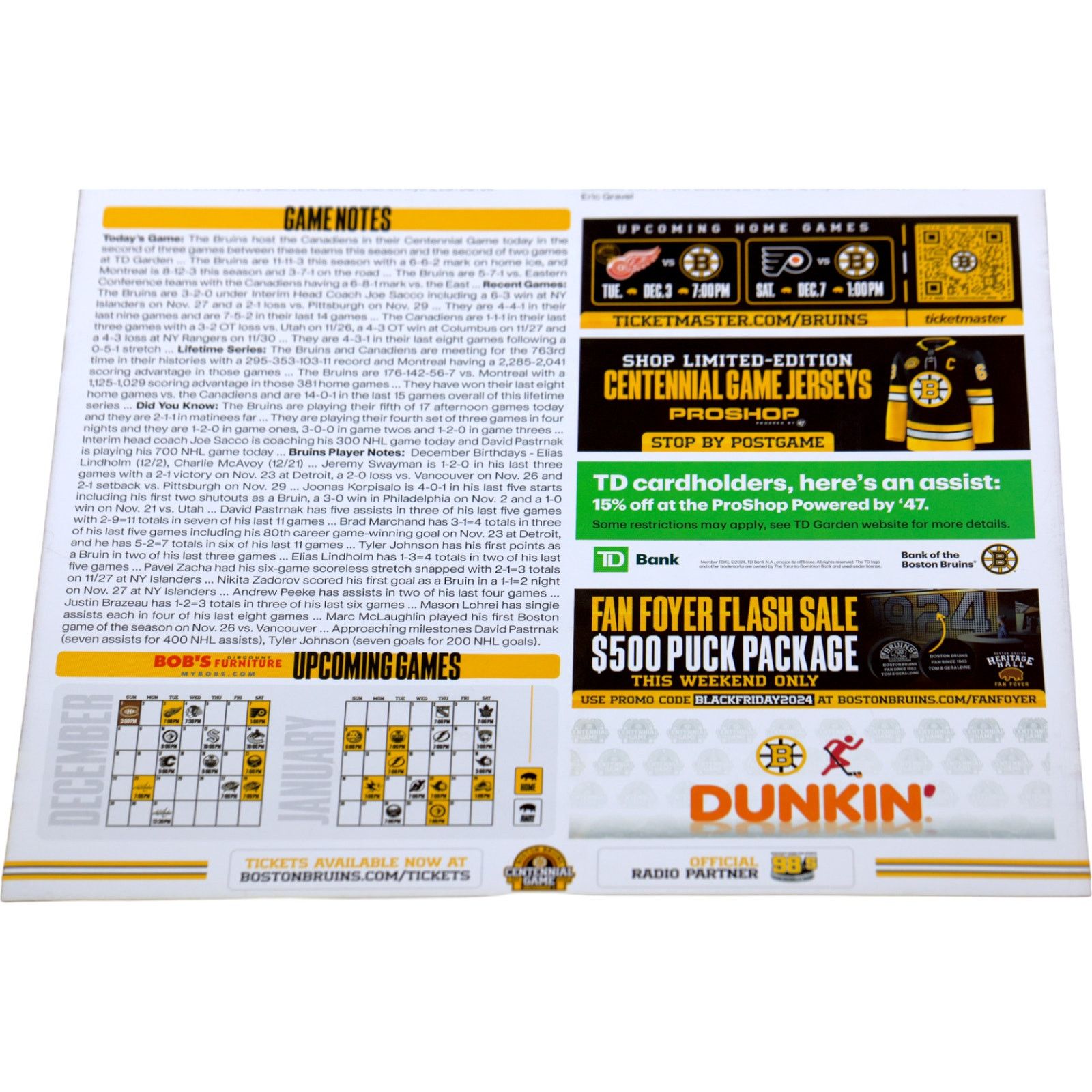 NHL Boston Bruins v Montreal Canadiens 12/1/24 Centennial Poster Size ONE SIZE - 9 Thumbnail