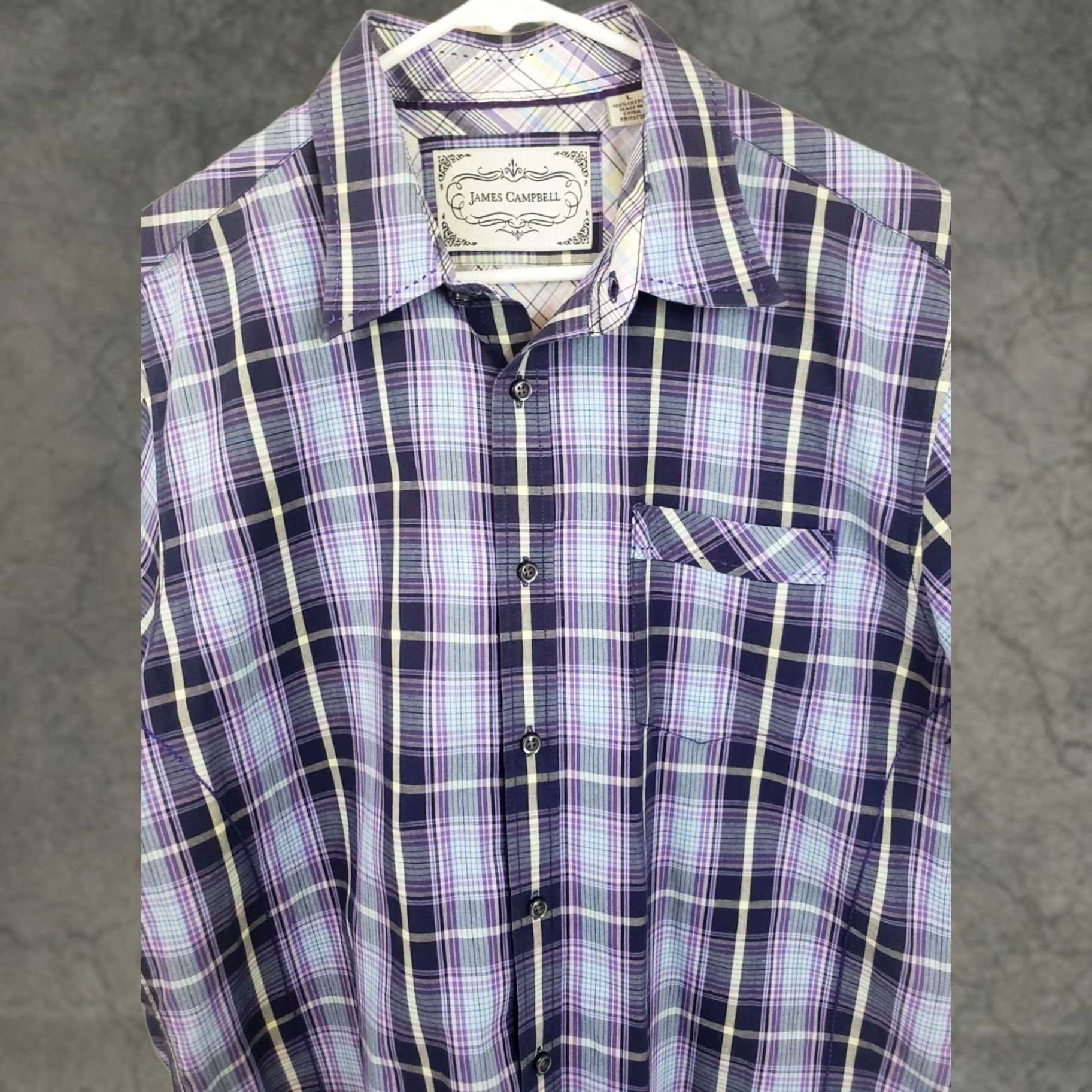 Vintage James Campbell Men's L Button-Down Shirt Blue Purple Plaid Short Sleeve Casual Workwear Travel Party/Cocktail Size US L / EU 52-54 / 3 - 1 Thumbnail