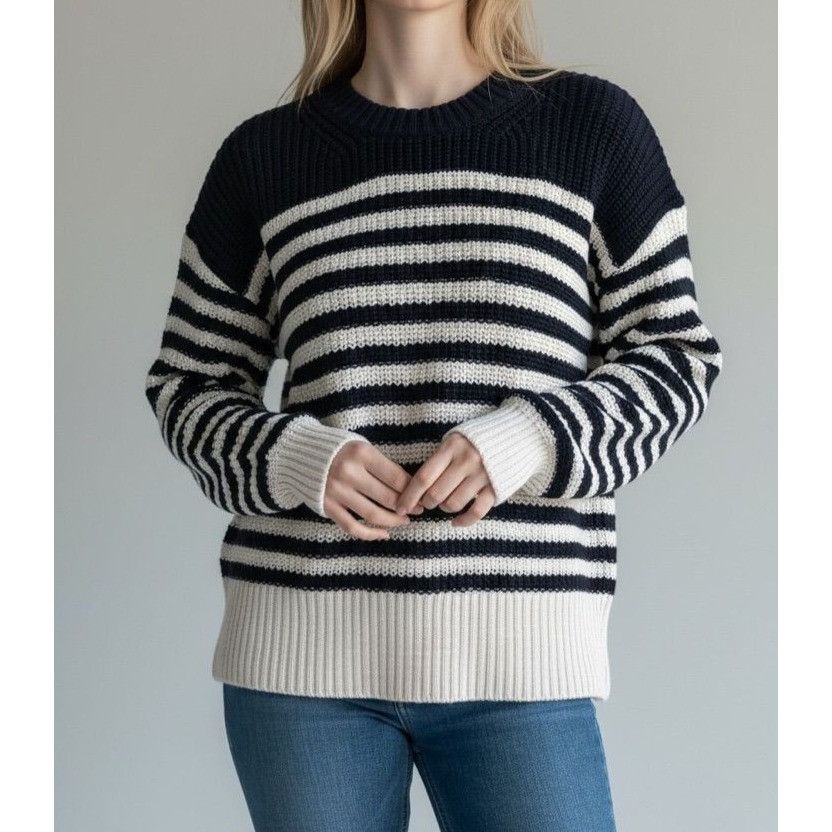 J.Crew Classic Knit Striped Sweater S Navy Blue White J.Crew Preppy Size S / US 4 / IT 40 - 1 Thumbnail