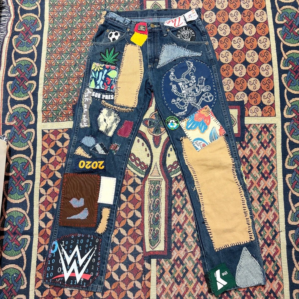 Custom Handstitched Patch Collage Style Wrangler Jeans