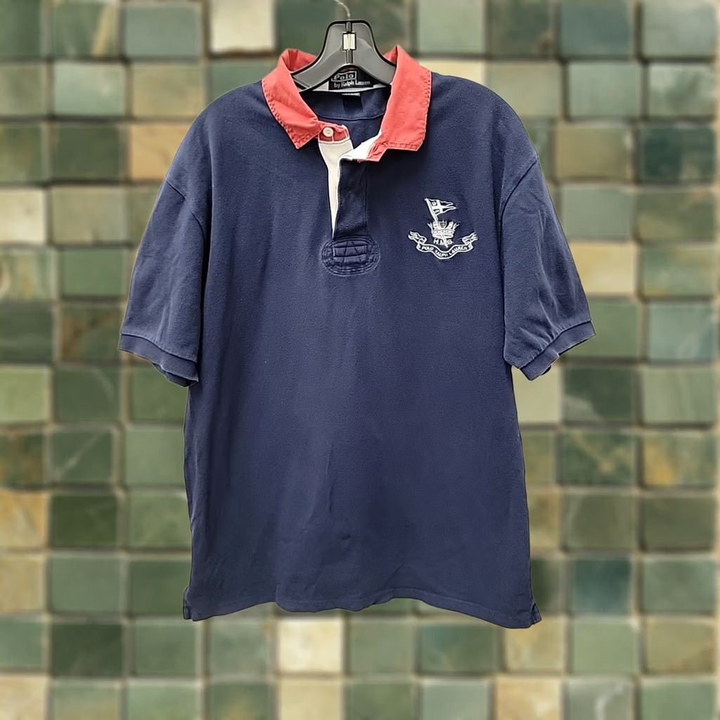 Polo Ralph Lauren VINTAGE Polo by Ralph Lauren Rugby Polo XL Nautical Maritime Collared HMS Crown Shirt Men Blue Cotton Knit 90s Marine Retro Mens Size US XL / EU 56 / 4 - 1 Thumbnail