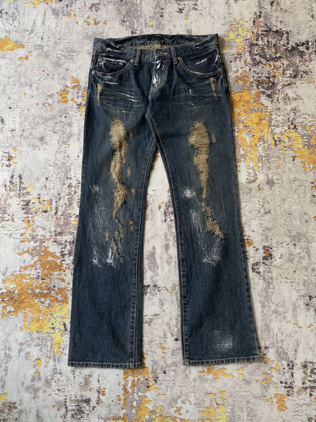 Japanese Brand Back Rush Distressed Splatter Design Flare Denim Size US 32 / EU 48 - 1 Thumbnail