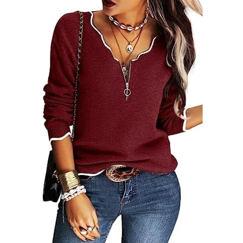 The Unbranded Brand Half Zipper Knit Sweater Casual V Neck Long Sleeve burgundy Size XL / US 12-14 / IT 48-50 - 1 Thumbnail