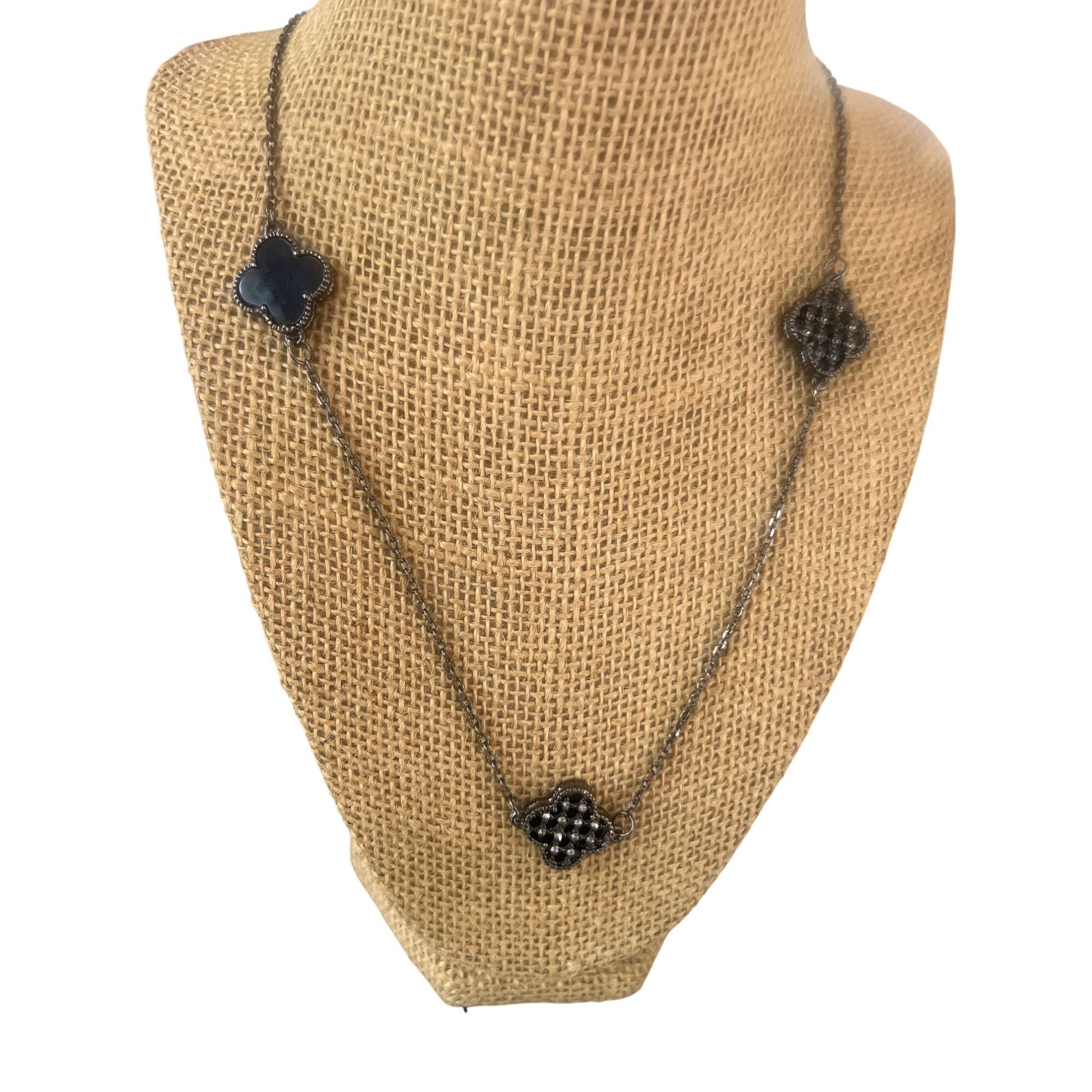 Other Gunmetal Black Long Chain Necklace Clover Leaf Stations Blac Size ONE SIZE - 1 Thumbnail
