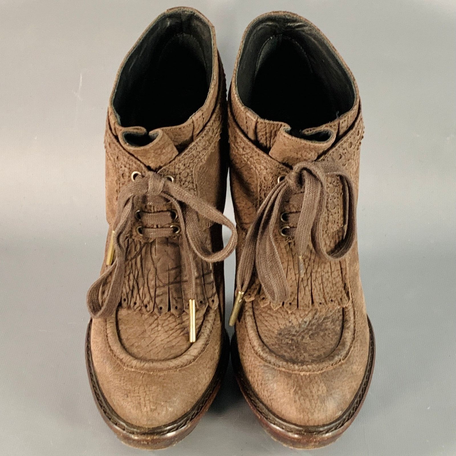 Burberry Prorsum Howcroft Brown Leather Fringe Lace-Up Platform Booties Pumps Size US 9 / IT 39 - 4 Thumbnail
