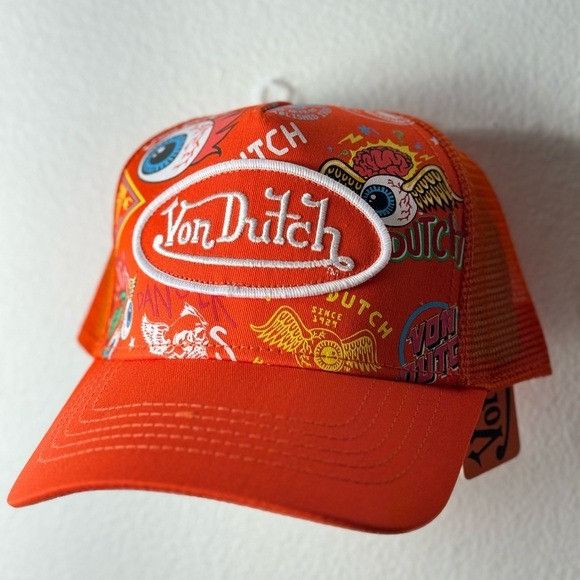 Designer × Von Dutch NWT VON DUTCH ORANGE JAX ALL OVER PRINT TRUCKER HAT CAP Size ONE SIZE - 3 Thumbnail