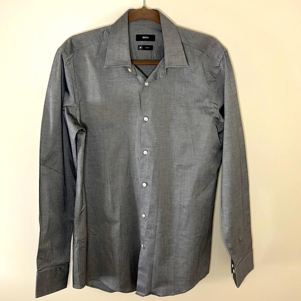 Hugo Boss Slim Fit - BOSS -sz15.5-Silver Grey-100% Ctn Travel Fabric Size 38R - 2 Thumbnail