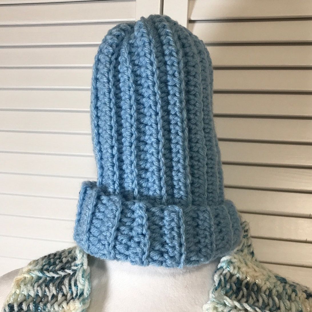 Handmade NWT Handmade Crocheted Blue Textured Beanie & Scarf 58” Size ONE SIZE - 2 Thumbnail