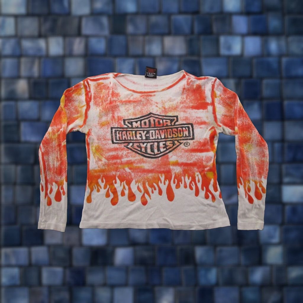 Harley Davidson VINTAGE Harley-Davidson Y2K AOP Flames Womens Size S Long Sleeve Rome Italy READ Shirt Size S / US 4 / IT 40 - 1 Thumbnail