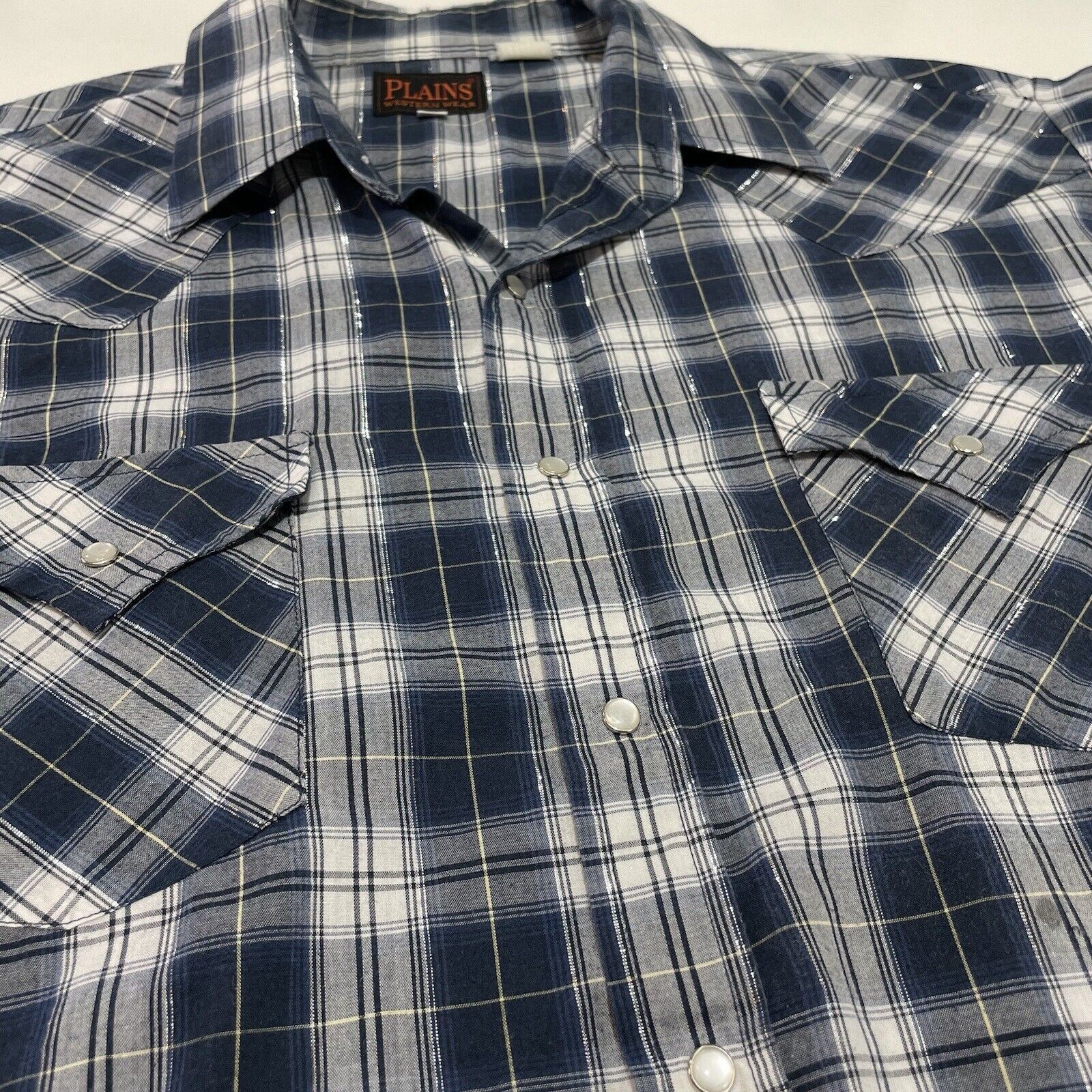 Other VTG Plains Men’s Western Pearl Snap Shirt Silver Thread Blue Size US XL / EU 56 / 4 - 2 Thumbnail