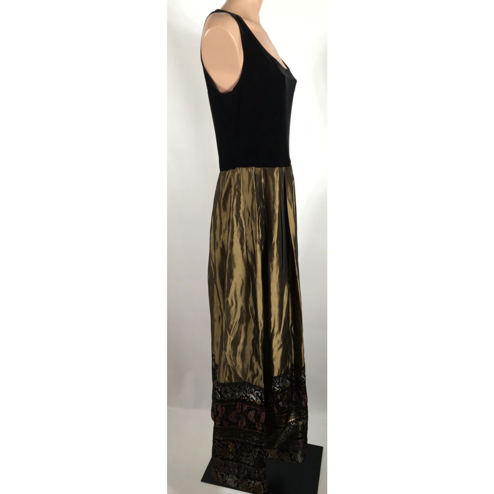 VINTAGE Patra Tafeta Dress Formal Floral Velvet Evening Gown Sleeveless Bronze Gold Maxi A-Line Long Dress