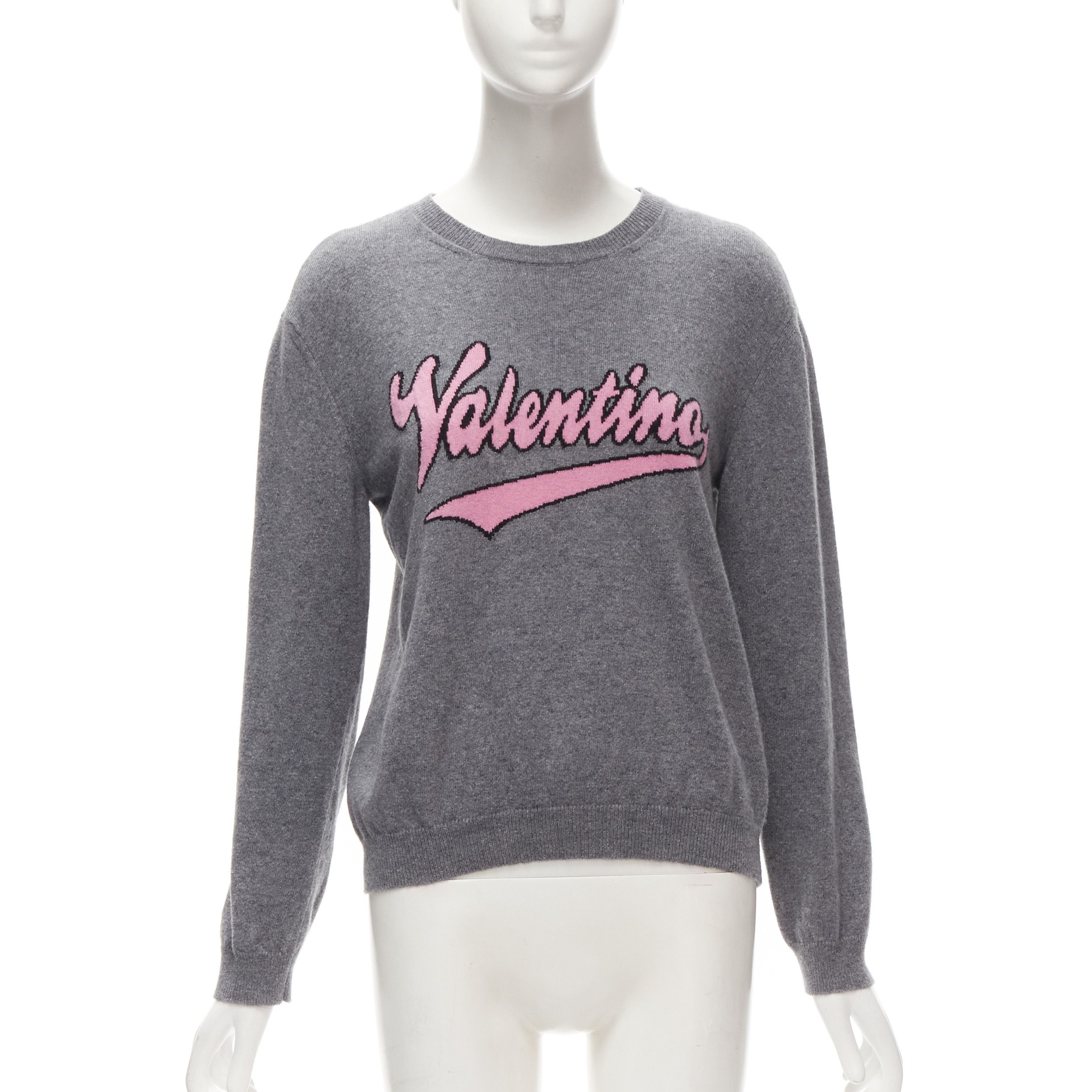 Valentino VALENTINO grey virgin wool cashmere pink cursive graphic logo sweater top M Size M / US 6-8 / IT 42-44 - 1 Thumbnail