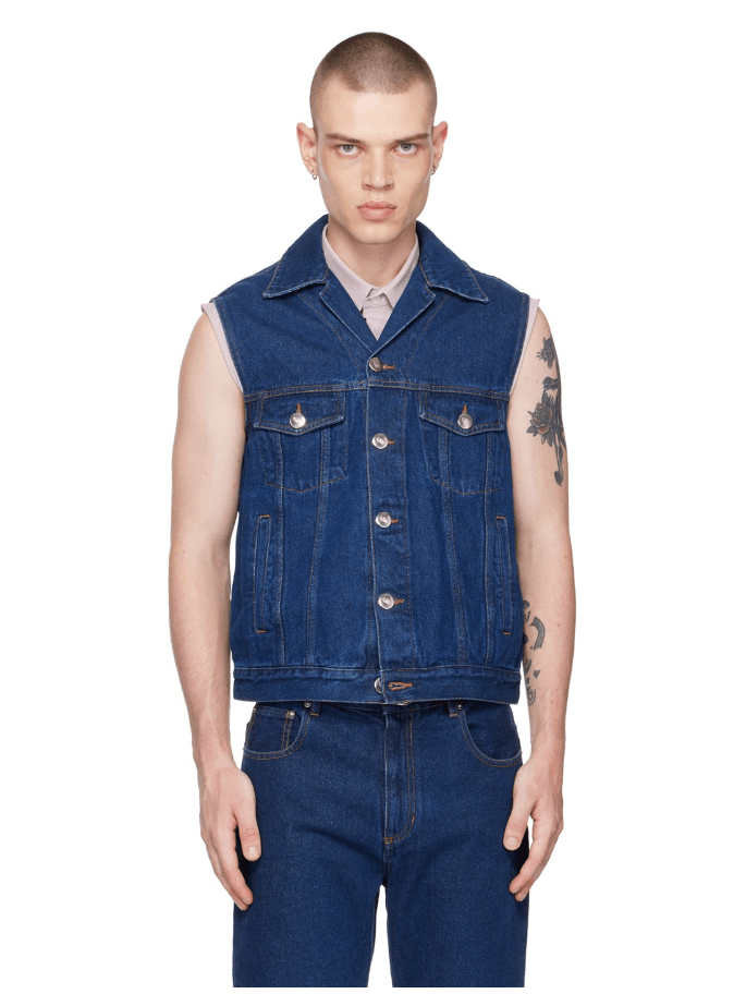 Image of Ernest W Baker Ss23 Ernest W. Baker Sleeveless Denim Jacket 46 in Dark Blue, Men's (Size Small)