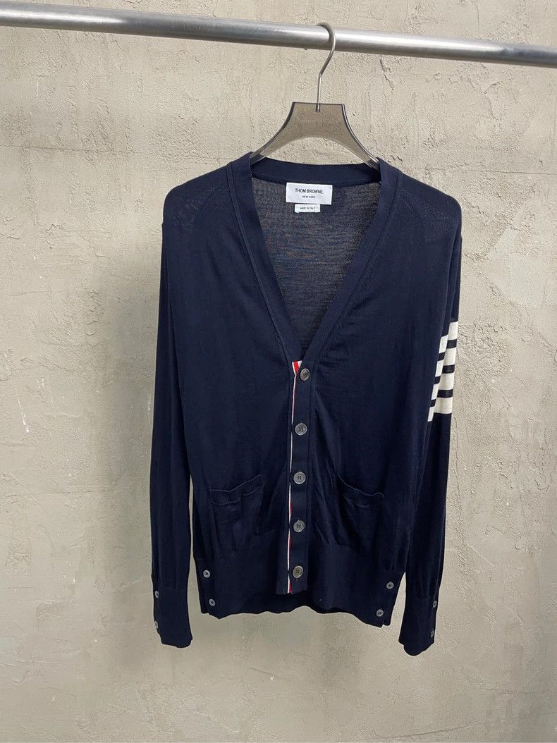 Thom Browne Thom browne Dark blue four-striped knitted cardigan jacket Size US S / EU 44-46 / 1 - 1 Thumbnail
