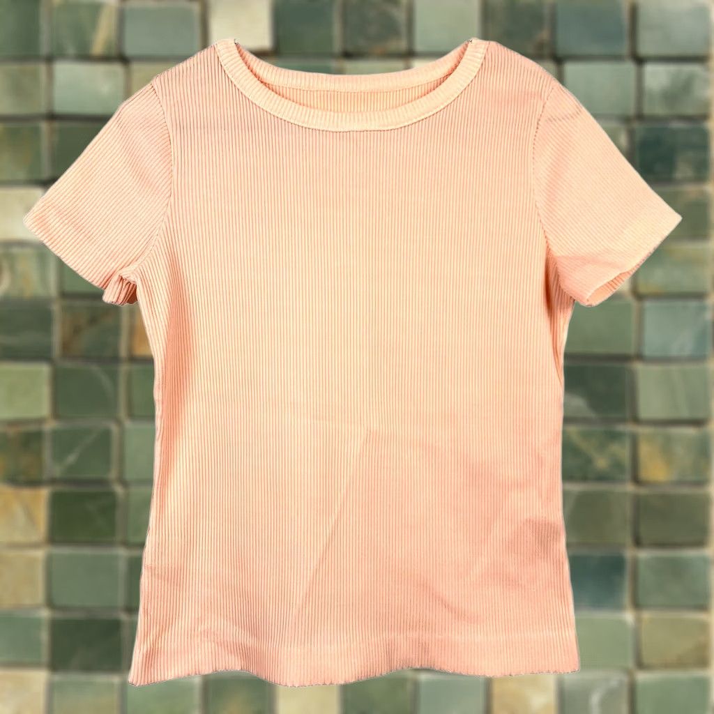 Vintage VINTAGE 70s T-Shirt Orange Peach Polyester Ribbed Short Sleeve Crew Neck Womens Small Medium Tee Shirt Unbranded Unisex Adults 100% Polyester 70s Size S / US 4 / IT 40 - 1 Thumbnail