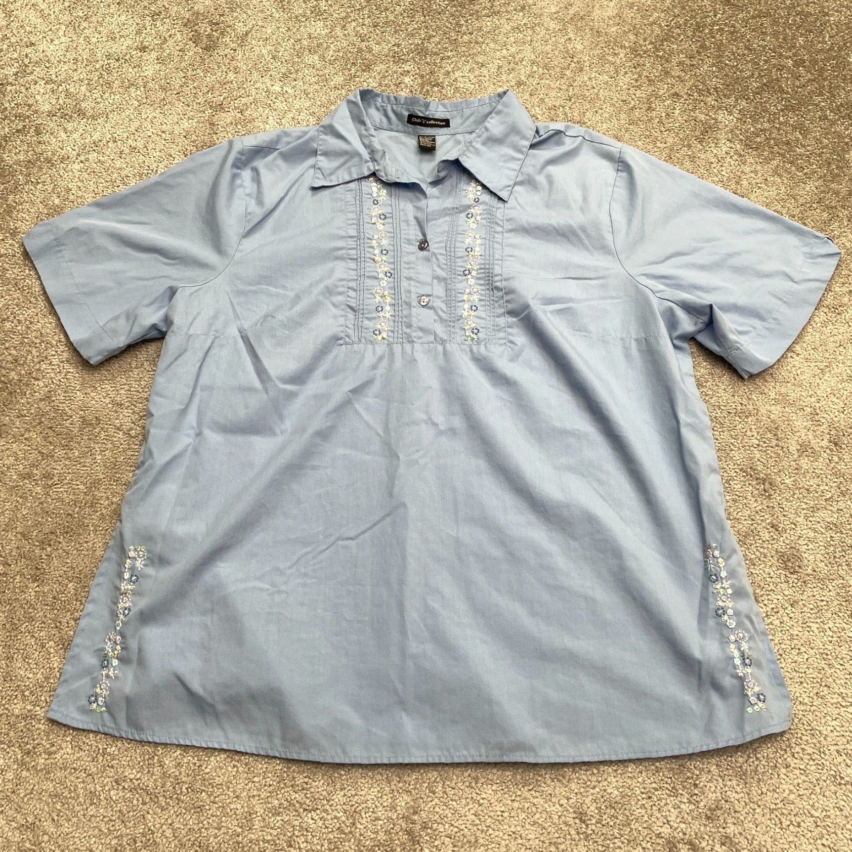 Vintage Club "Z" Collection Blouse Womens 1X Blue Short Sleeve Button Up Floral Embroidered Shirt Size XL / US 12-14 / IT 48-50 - 2 Thumbnail