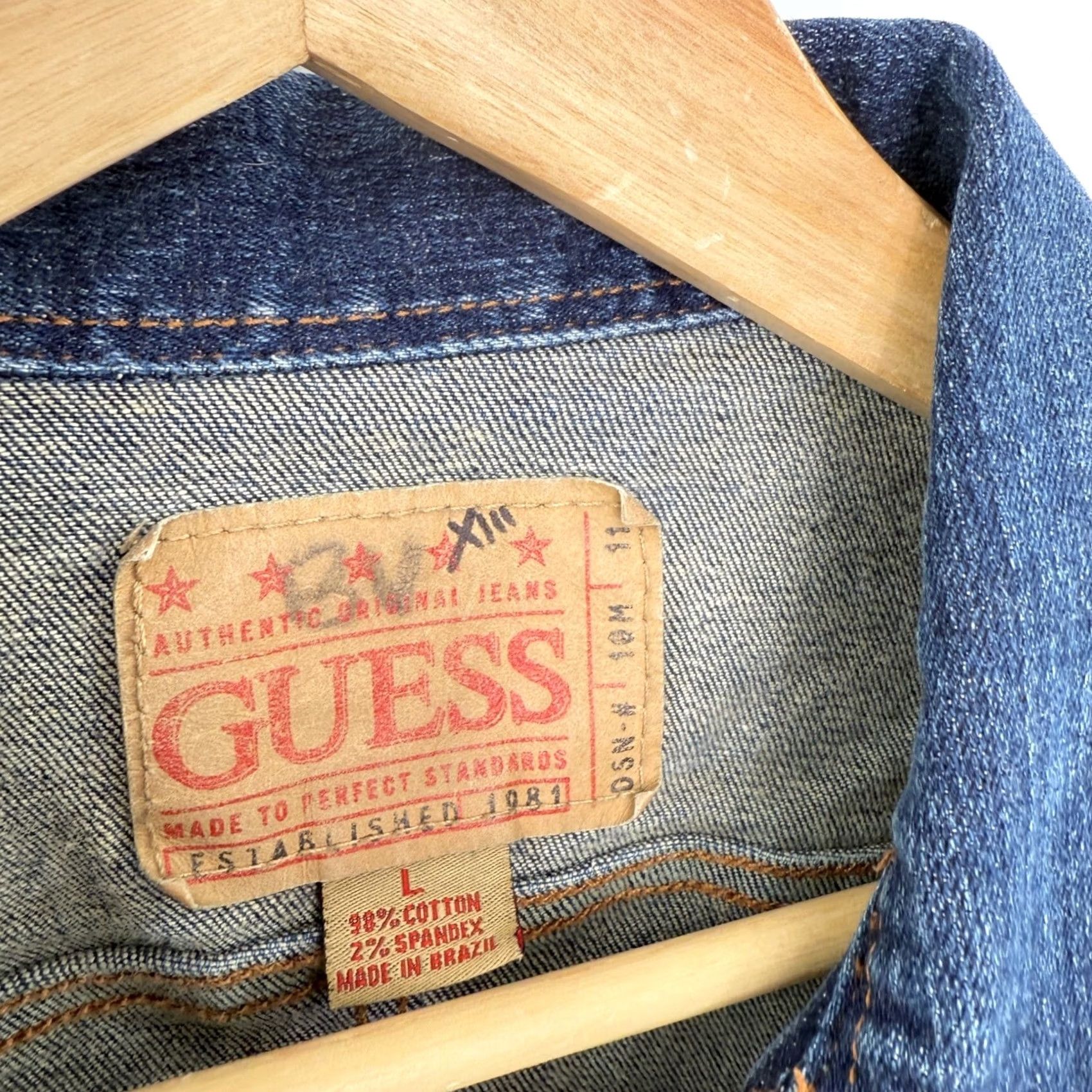 Guess VINTAGE Guess Womens Denim Jacket Blue Embellished Pockets Button Front L Cotton Spandex Size L / US 10 / IT 46 - 3 Thumbnail