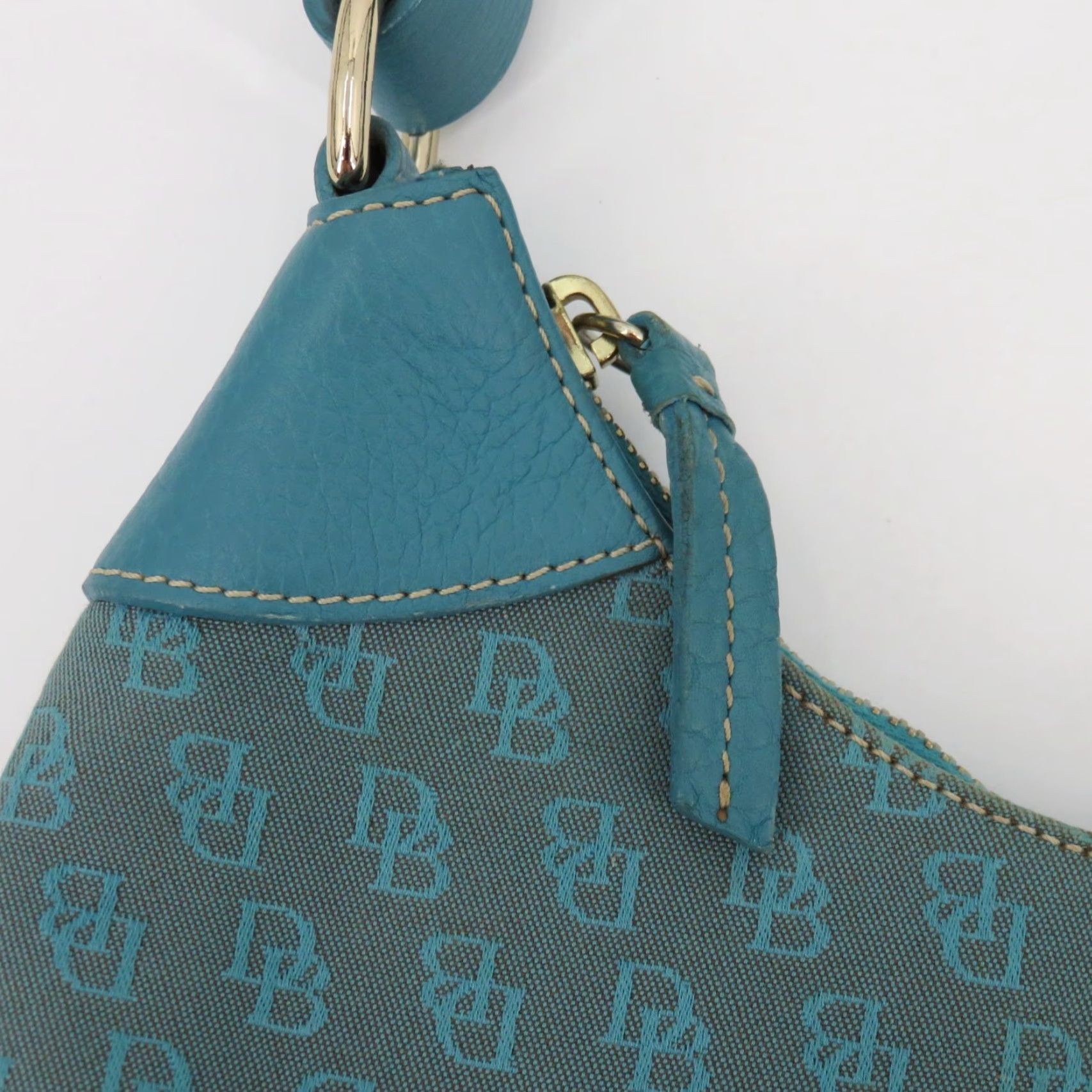 Dooney & Bourke VINTAGE Dooney & Bourke Signature DB Logo Jacquard Hobo Shoulder Bag Blue Leather Y2K Women Adults Size ONE SIZE - 3 Thumbnail