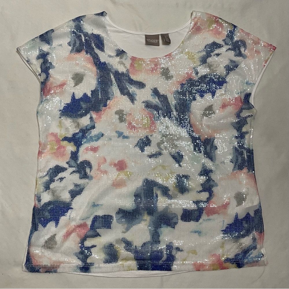 Chicos Chico's Watercolor Sequins Front Top T-Shirt Size 2 US L Size L / US 10 / IT 46 - 5 Thumbnail