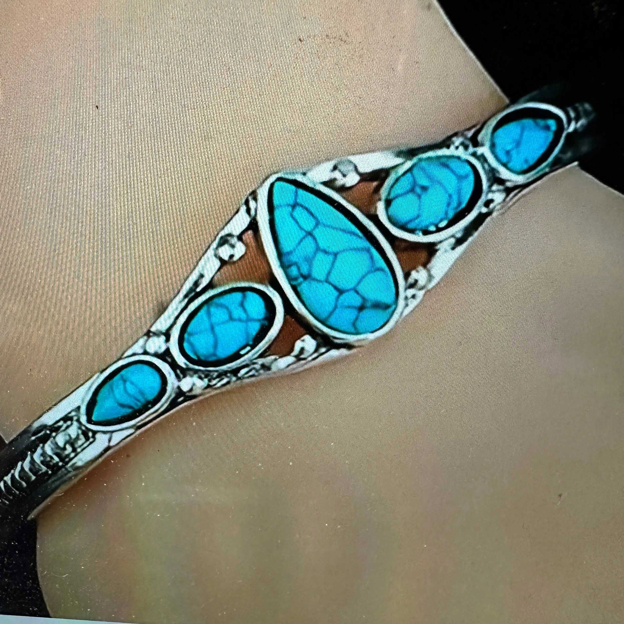 Other Handcrafted Boho Native American Cuff Open Bangle, Turquoise Size ONE SIZE - 4 Thumbnail