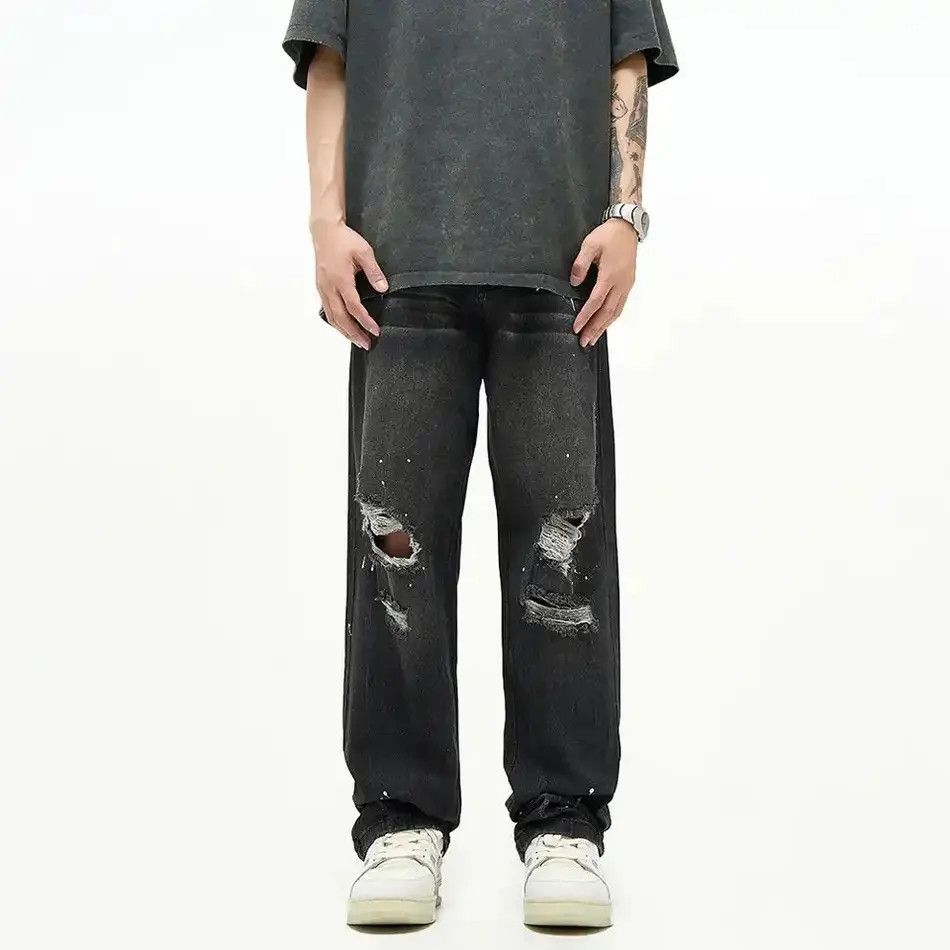 Japanese Brand Ripped Jeans Men Y2k Street Baggy Summer Black Size US 32 / EU 48 - 4 Thumbnail