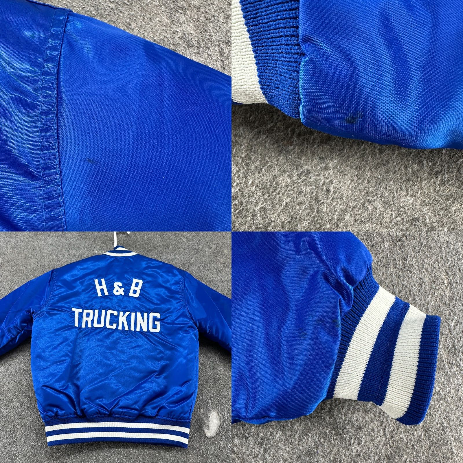 Starter VINTAGE Starter Jacket Mens M Blue Beige H&B Trucking Chainstitch Satin Rosina 90s Jacket, Varsity, Nylon, Button Snap, Regular Fit, Men Size US M / EU 48-50 / 2 - 8 Thumbnail