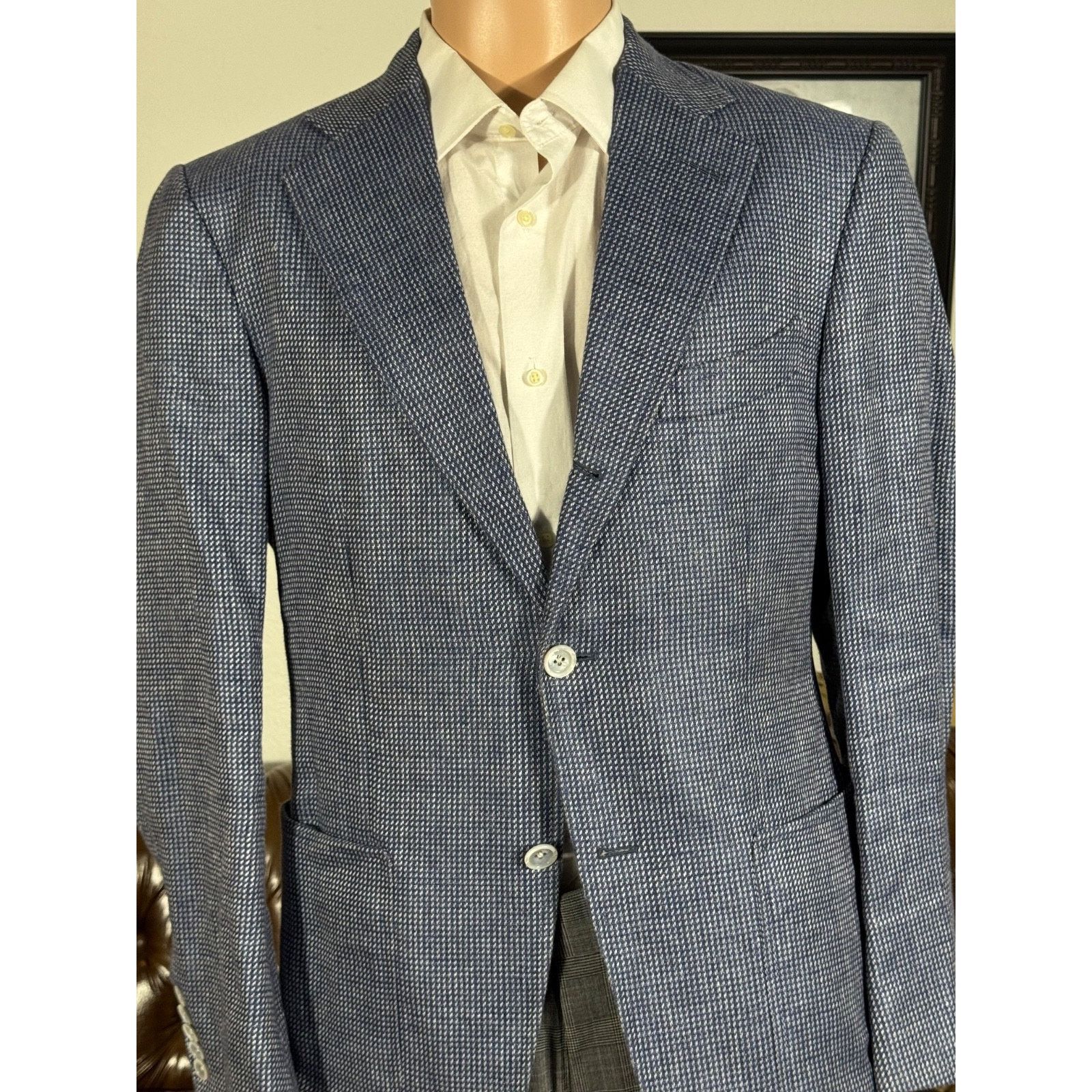 Tom Ford Blue Patterned Hemp Silk Jacket 48C 38S US Blazer