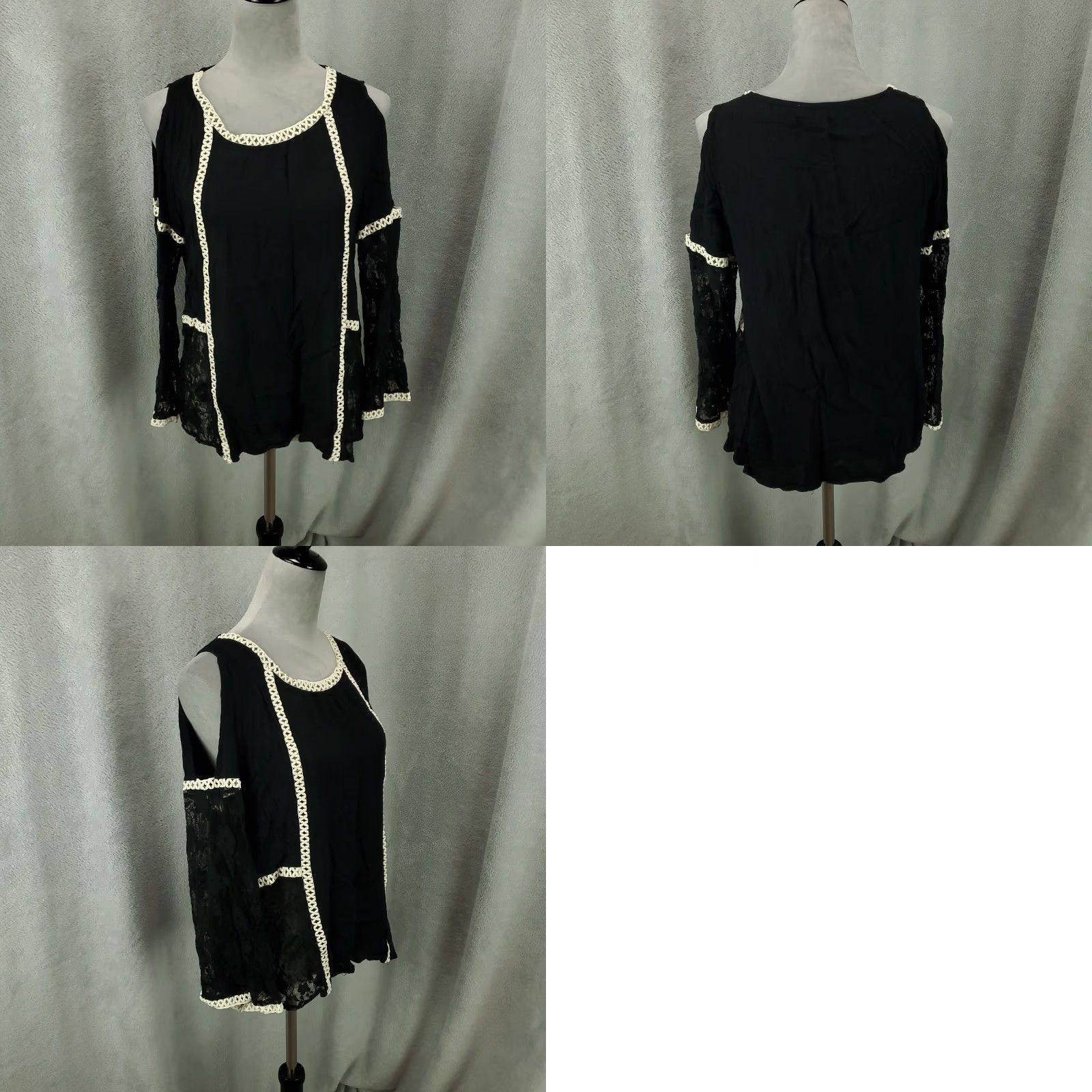 Vintage Womens Blouse Tunic Lace Top Black Floral Lace Accents Lightweight Size L Bohemian Western Casual Long Sleeve Round Neck Pullover Cotton Polyester Size L / US 10 / IT 46 - 8 Thumbnail