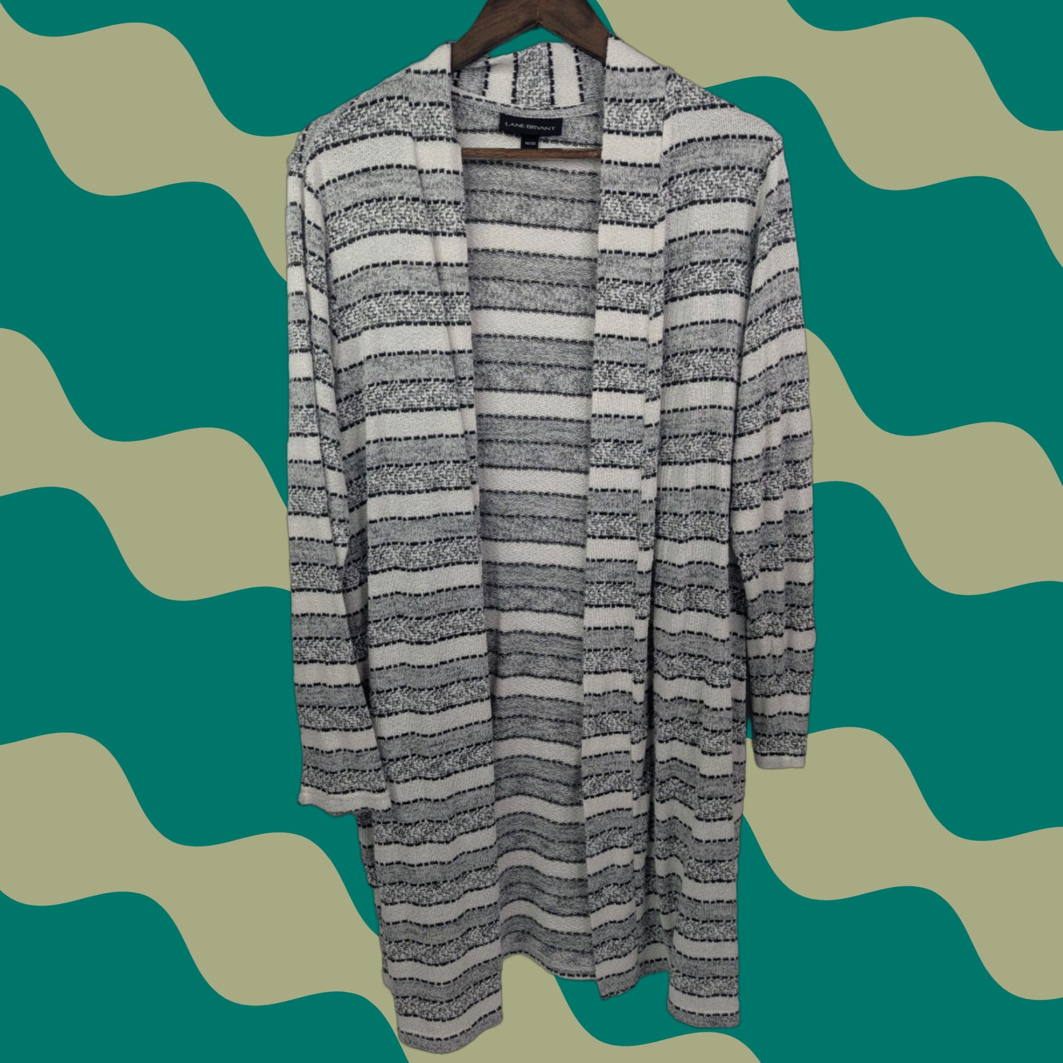 Vintage Lane Bryant Women’s Gray Striped Open Cardigan Plus Size 18/20 Long Sleeve Size XXL / US 16-18 / IT 52-54 - 1 Thumbnail