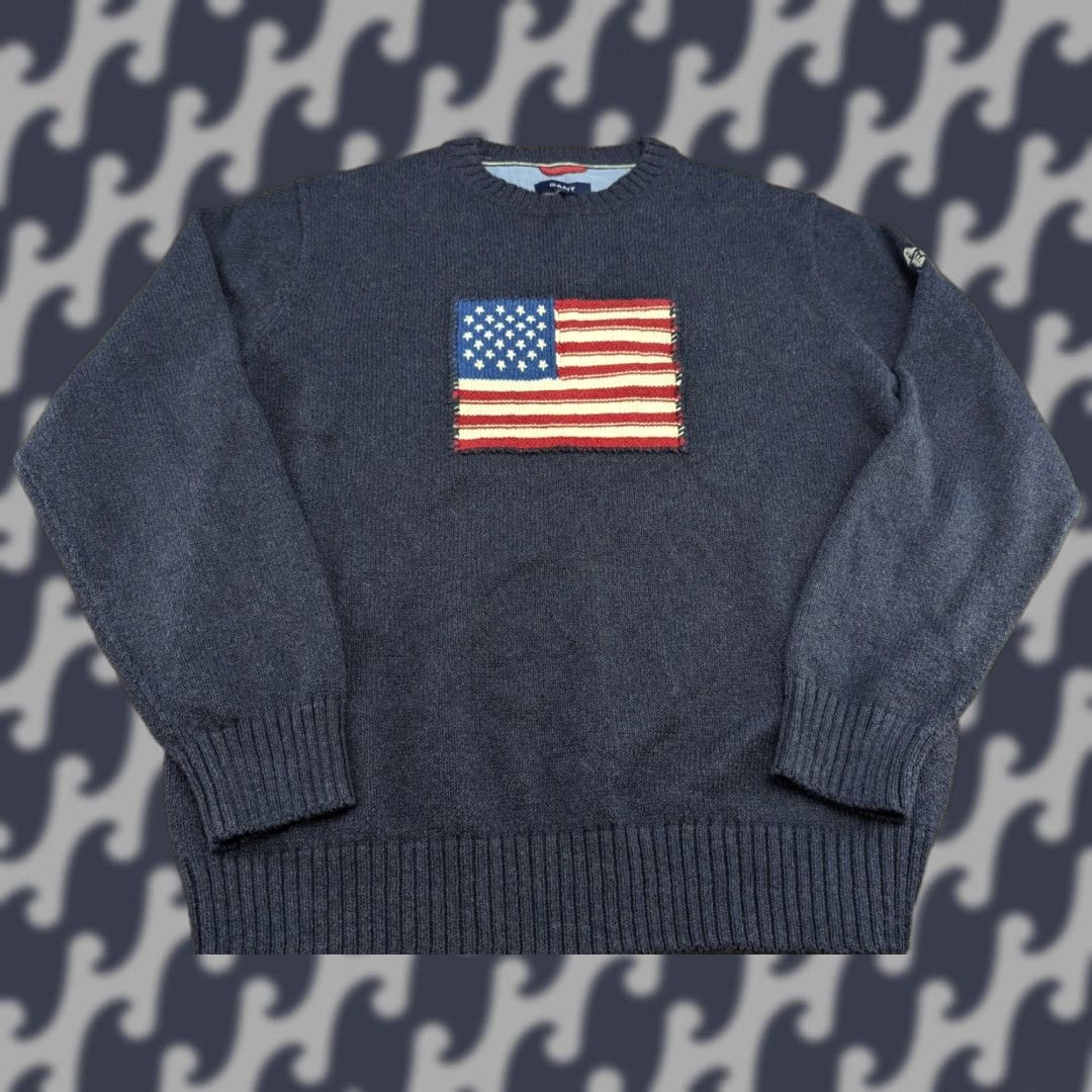 Gant GANT Mens Sweater XL USA Flag Gray Cotton Knitted Crewneck Pullover Crew Neck Size US XL / EU 56 / 4 - 1 Thumbnail