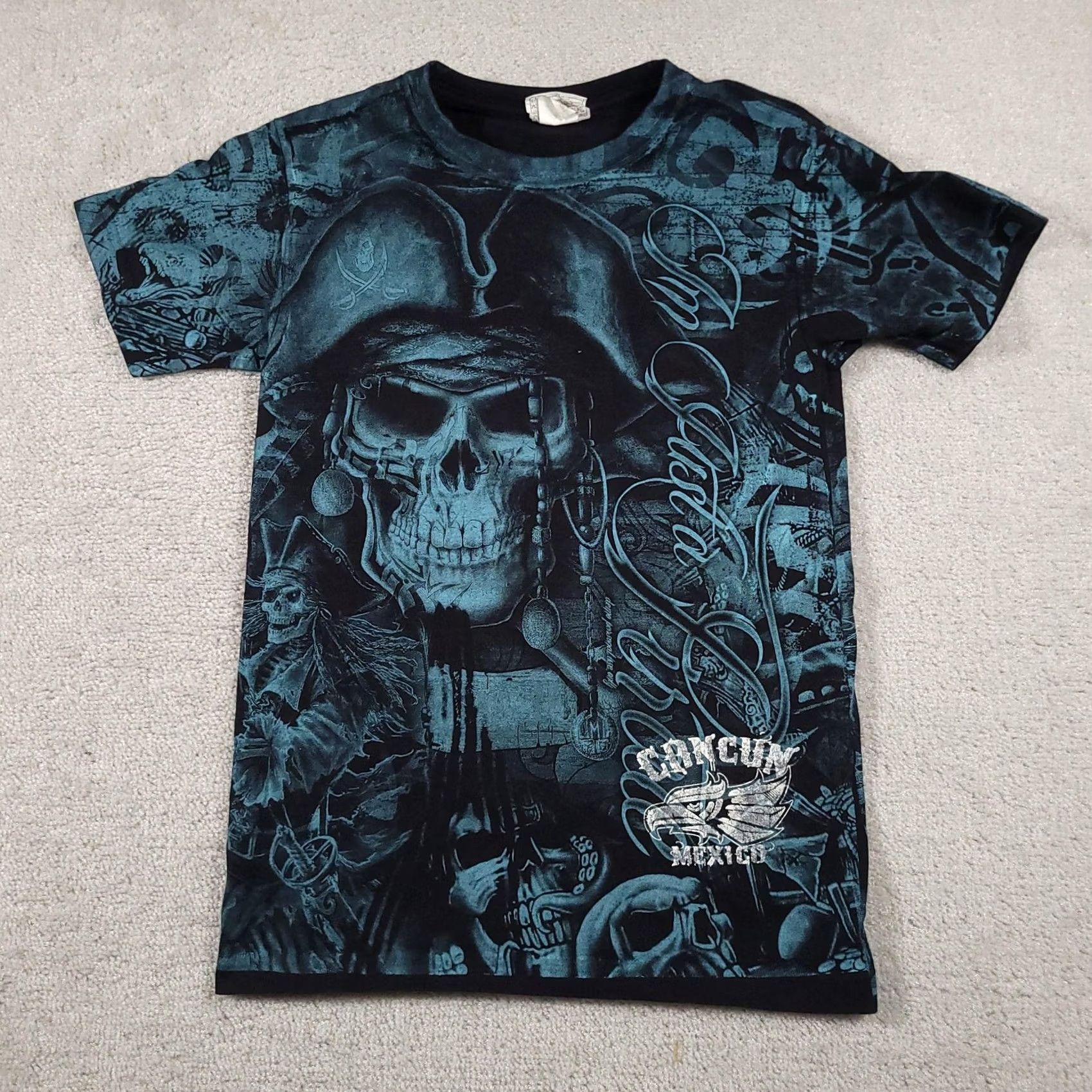 Vintage Cancun Mexico Pirate Skull Shirt Mens Small Black Graphic Tee Souvenir Euro American Cotton Active Wear Size US S / EU 44-46 / 1 - 2 Thumbnail