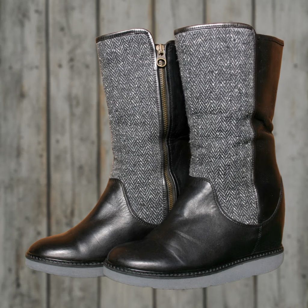Ugg UGG Black Leather & Herringbone Wool Fur Lined Boots High Heel Wedge Sz. 8 Womens Mid-Calf Zip Leather Wool Shearling Style Size US 7 / IT 37 - 1 Thumbnail