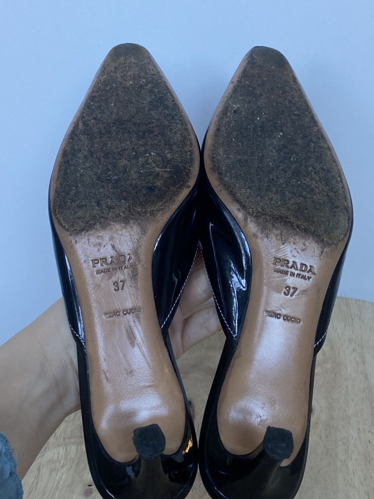 Prada × Vintage Prada Vintage Square Toe Patent Leather Mules Kitten Heels Size US 7 / IT 37 - 5 Thumbnail