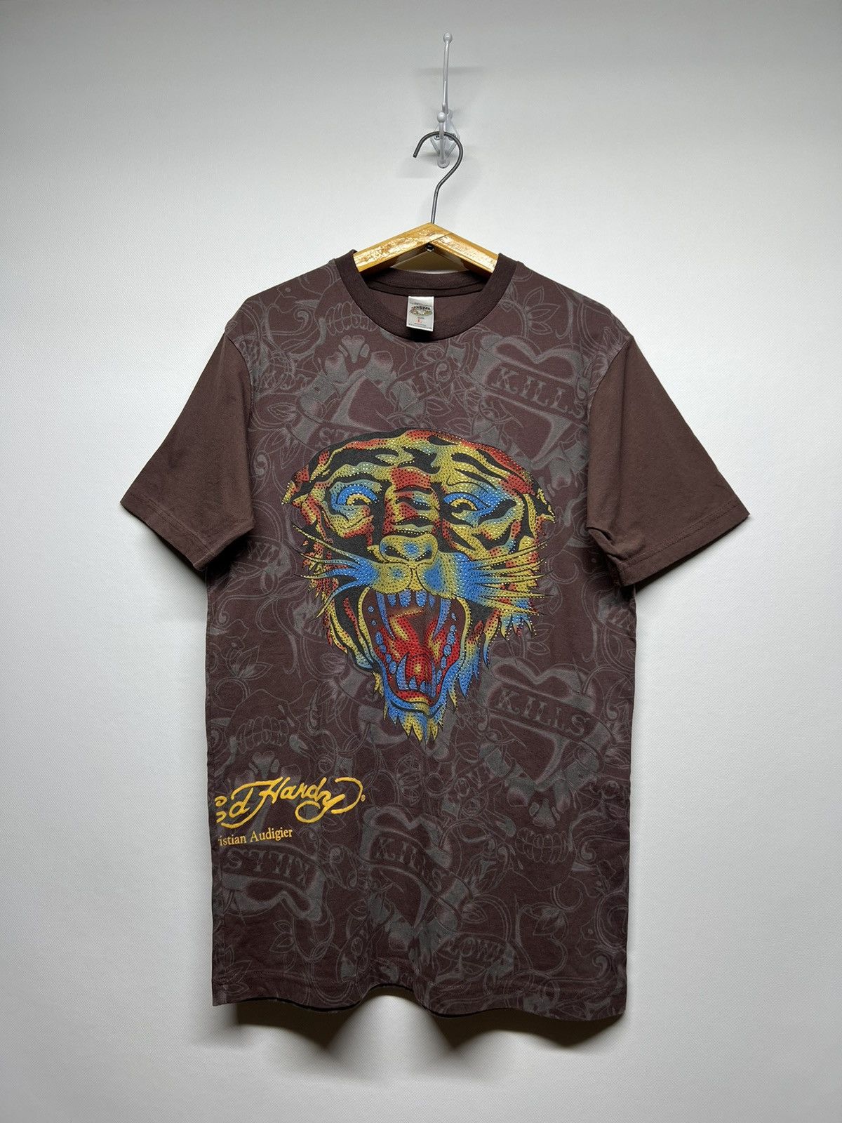 Christian Audigier × Ed Hardy × Vintage Vintage Y2k Ed Hardy Brown 🤎 Tigger All Over Print T Shirt Size S / US 4 / IT 40 - 1 Thumbnail