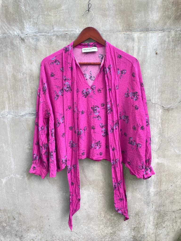 image of Balenciaga 2018 Floral Silk Blouse in Magenta, Women's (Size XS)