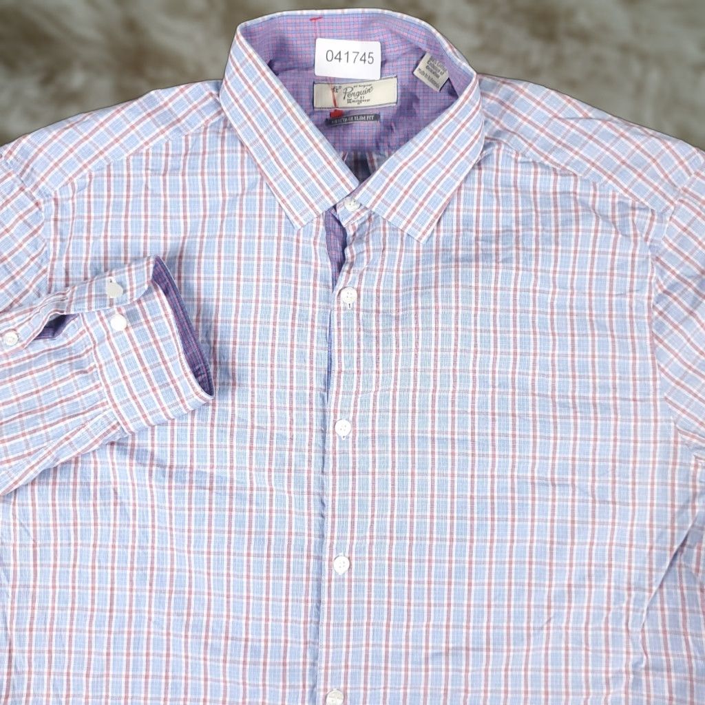 Original Penguin VINTAGE Penguin Shirt Mens 17.5 Blue Red Plaid Dress Button Up Long Sleeve Size 46R - 1 Thumbnail