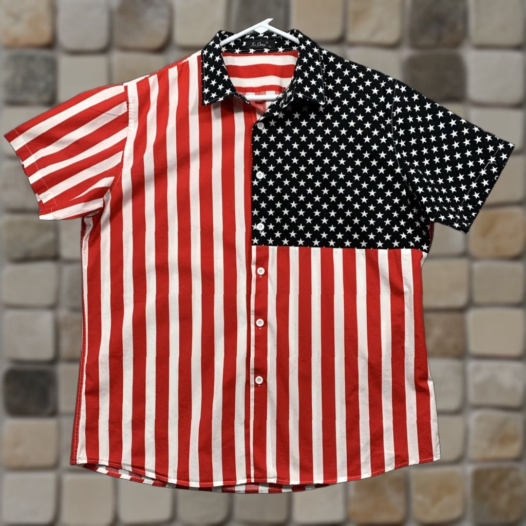 Vintage Xi Peng Women’s Button Shirt XL USA Flag Red White Blue 100% Cotton Blouse Short Sleeve Collared Size XL / US 12-14 / IT 48-50 - 1 Thumbnail