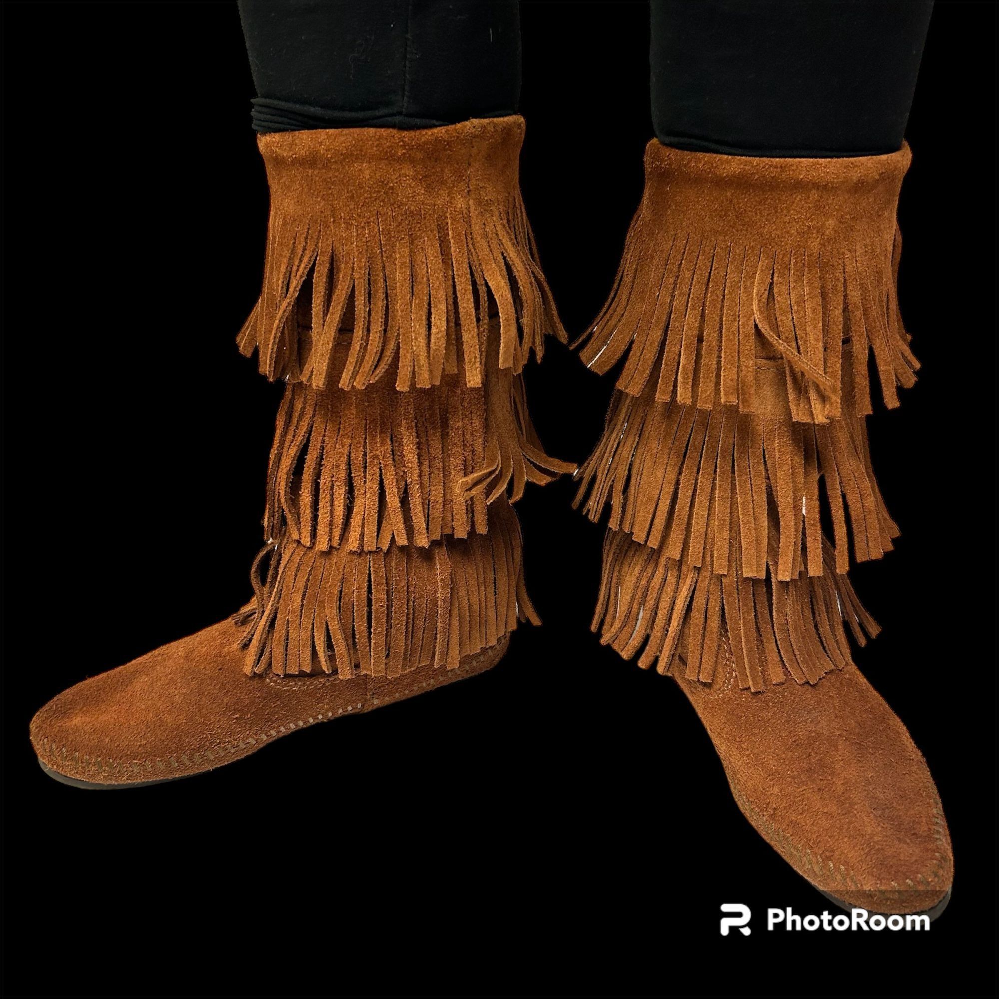 Minnetonka Moccasin 1632 Suede 3 Layer FRINGE TASSEL Boots 7