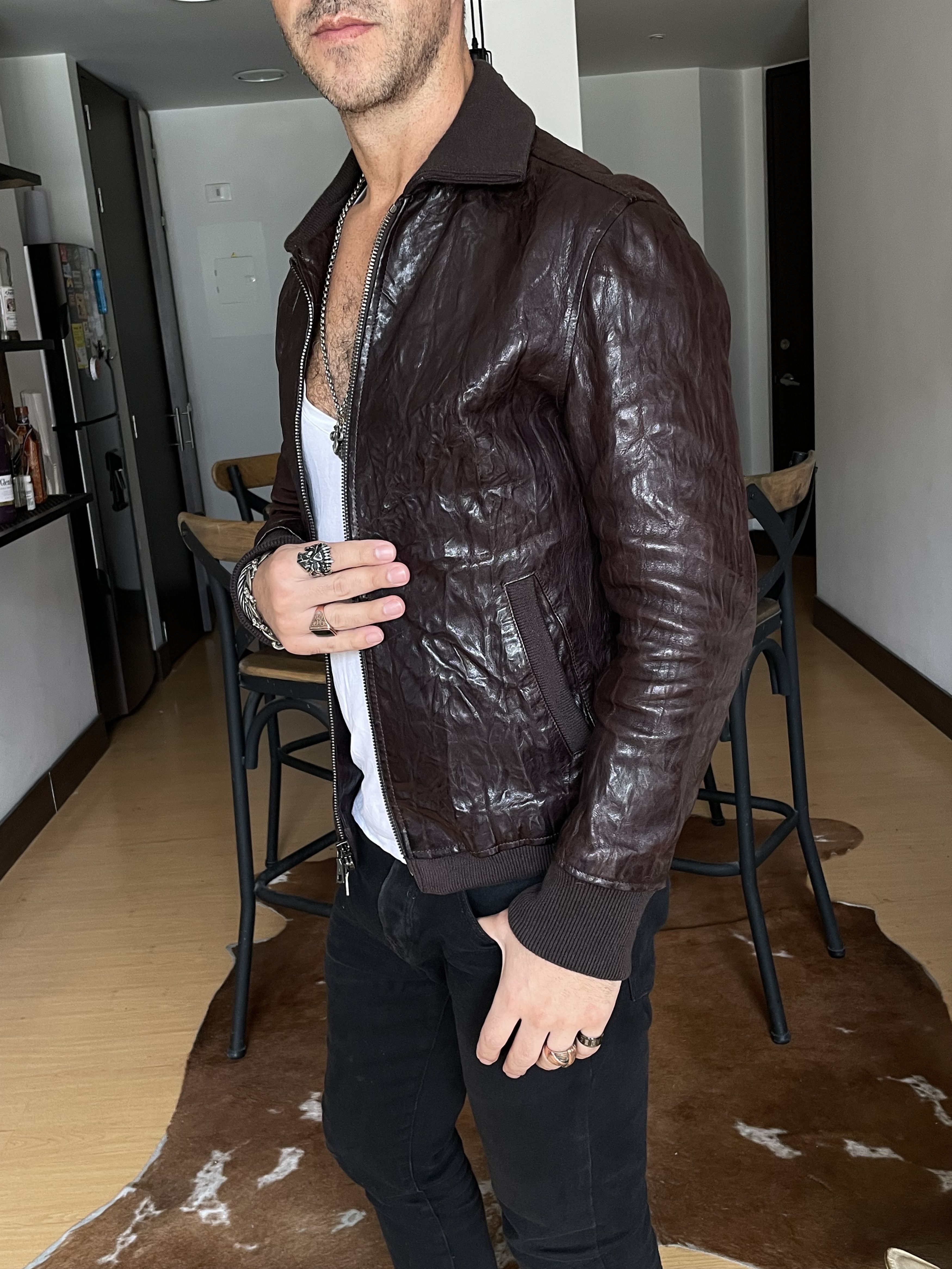 John Varvatos John Varvatos Crinkled Bomber Leather Jacket Brown $2698 Size US S / EU 44-46 / 1 - 3 Thumbnail