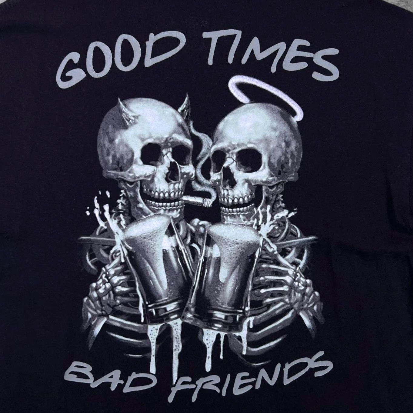 Vintage Lethal Threat Good Times Bad Friends Goth Biker Skull Graphic Black T-Shirt XL Mens Short Sleeve Cotton Black XL Graphic Skull Size US XL / EU 56 / 4 - 5 Thumbnail