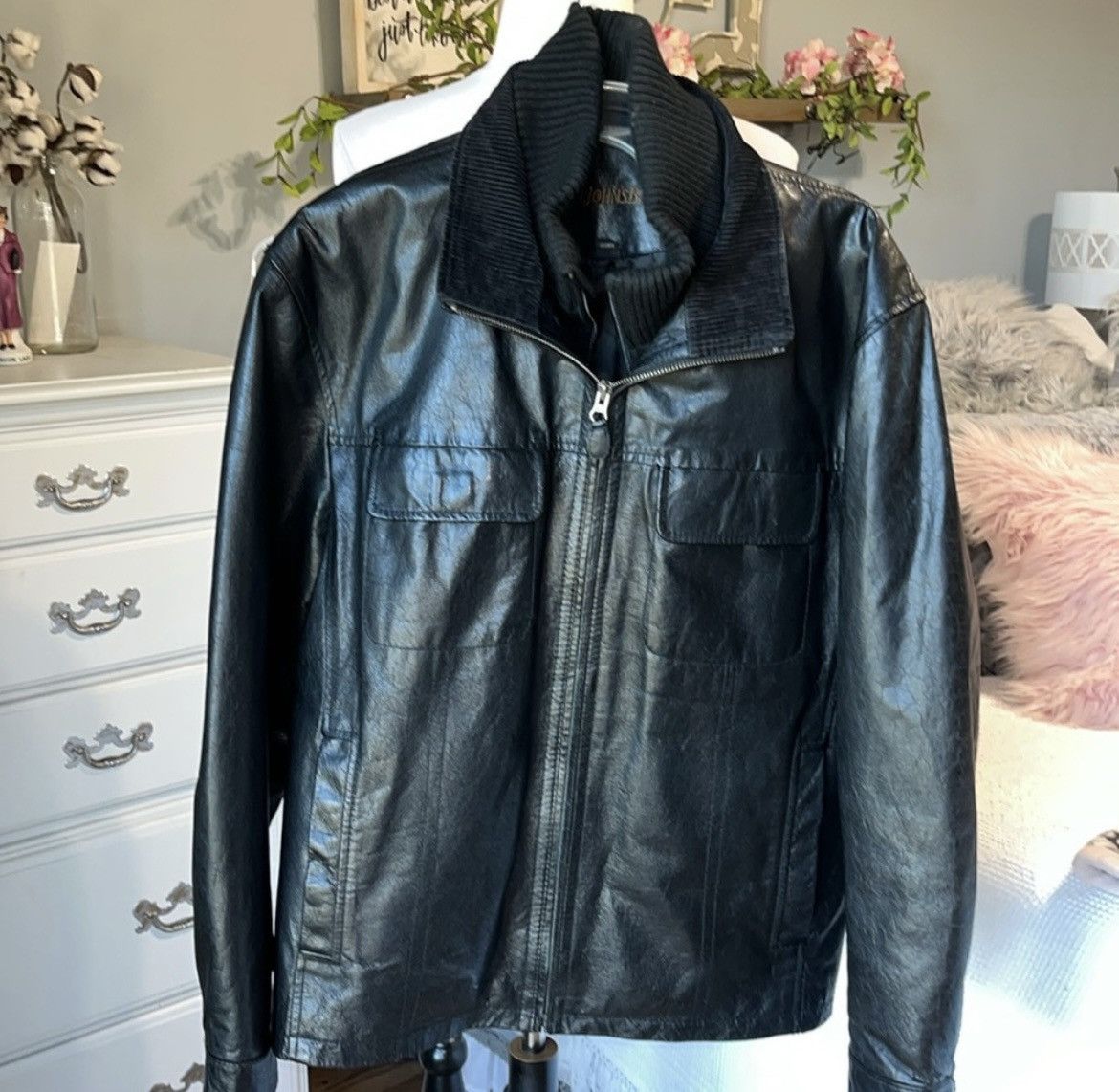 Black Leather Jacket St Johns Bay Mens Large