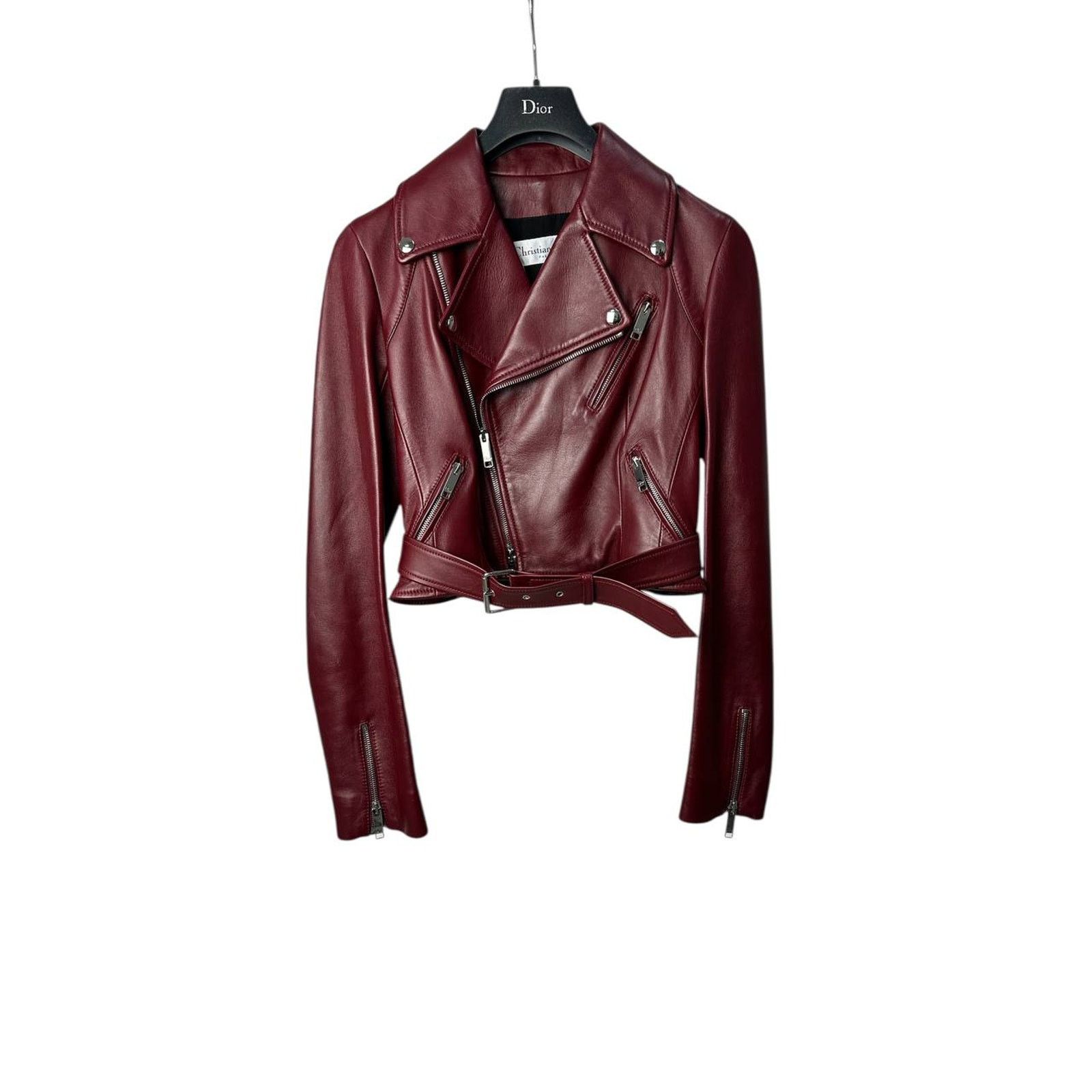 Dior Christian Dior Burgundy Leather Biker Jacket Sz.38 Size S / US 4 / IT 40 - 1 Thumbnail