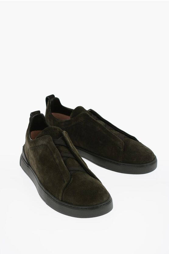 image of Ermenegildo Zegna Suede Triple Stitch Low Top Sneakers in Military Green, Men's (Size 11)