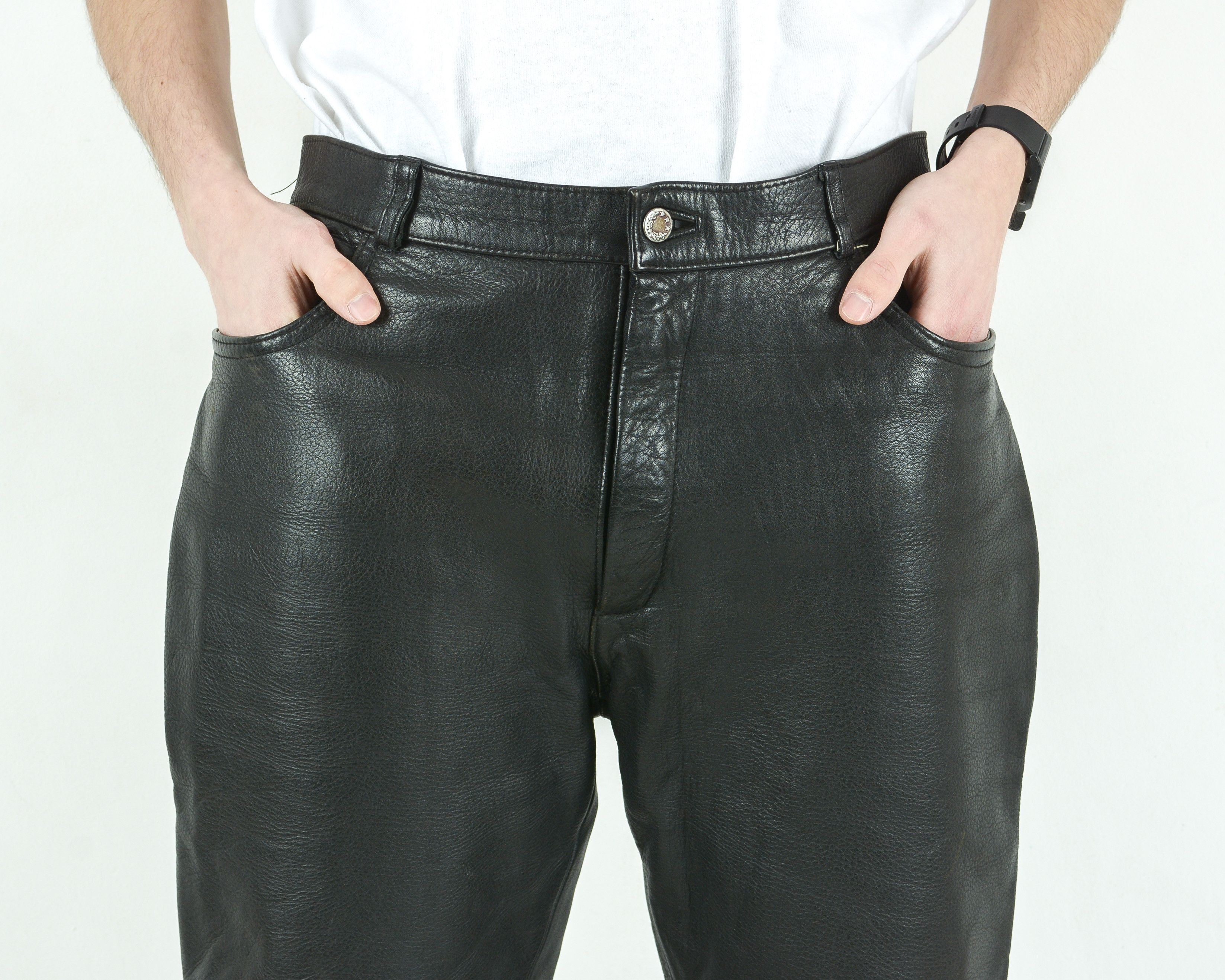 Leather × Other × Vintage W34 L30 Real Leather Pants Grunge Trousers Biker Moto Rocker Size US 34 / EU 50 - 2 Thumbnail