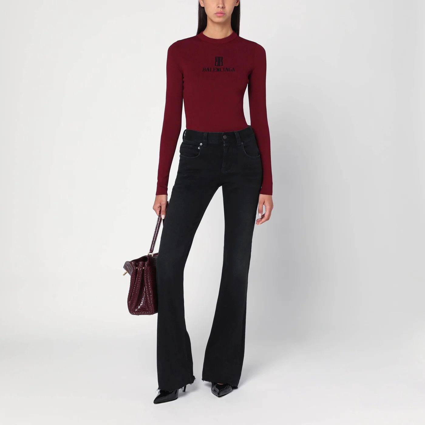 Balenciaga o1d2blof0426 Ribbed BB Sweater in Burgundy Size L / US 10 / IT 46 - 2 Thumbnail