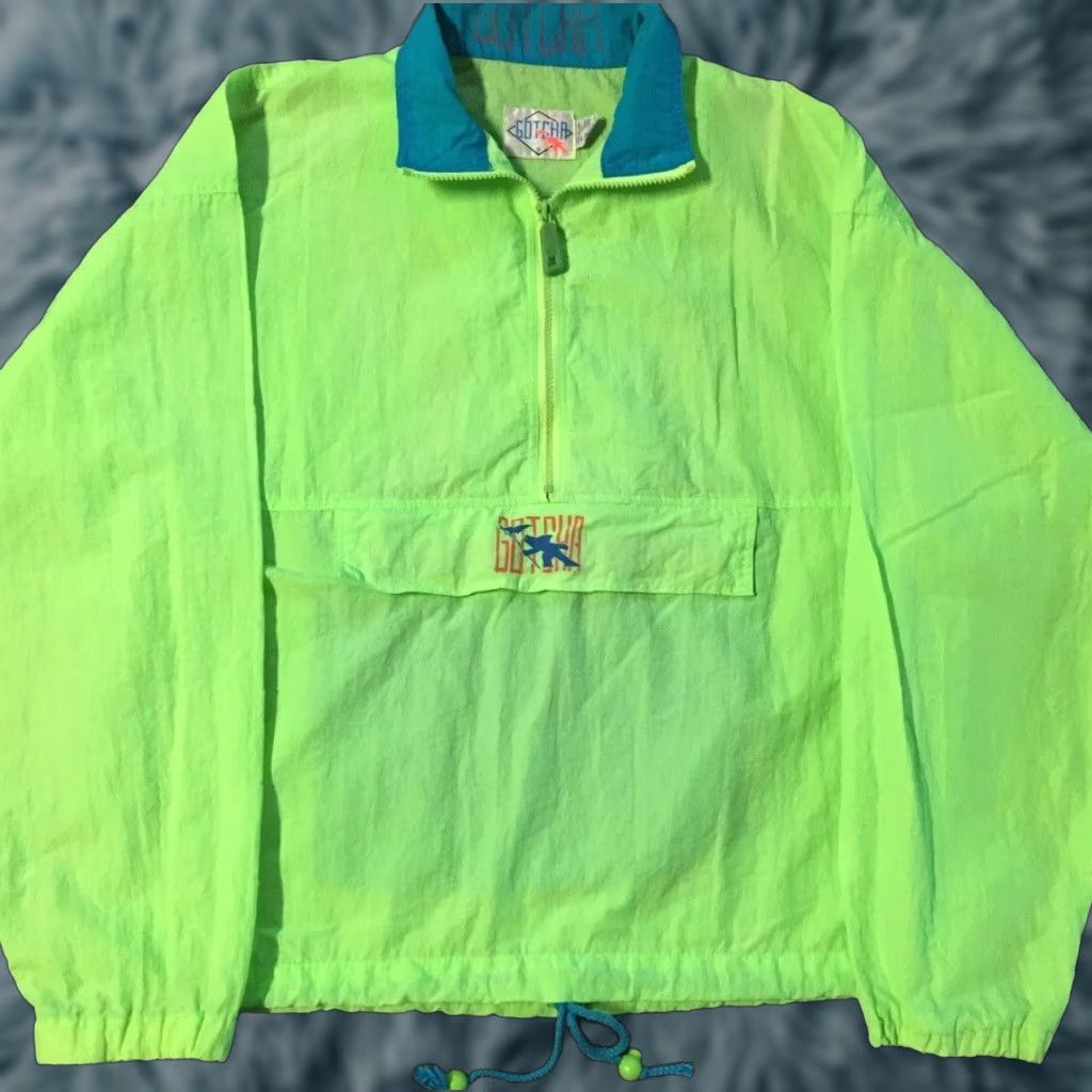 Quiksilver Vtg Gotcha Surf Jacket M L Neon Green Windbreaker Ocean Pacific OP 80s 90s Vintage Mens Jacket Size US M / EU 48-50 / 2 - 1 Thumbnail